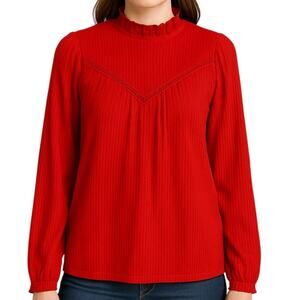 Loft Textured Trimmed Ruffle Neck Blouse Red Size Small NWT
